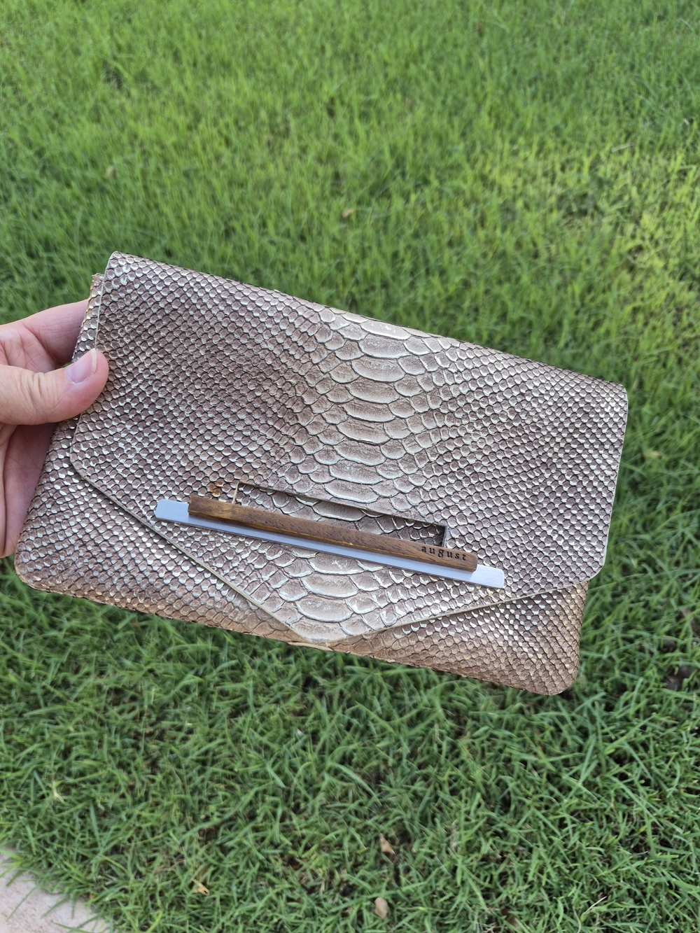 August California Metallic Rose Gold Real Python Leather Envelope Clutch
